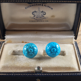 Exquisite Vintage - Carved Turquoise Earrings in 14K White Gold